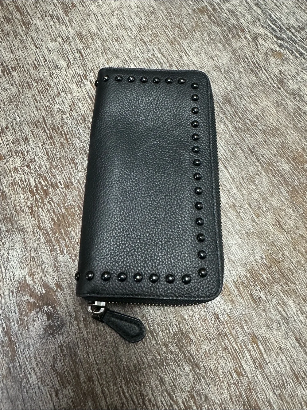 Coach Black Pebbled Leather Zip-Around Wallet with Stud Trim